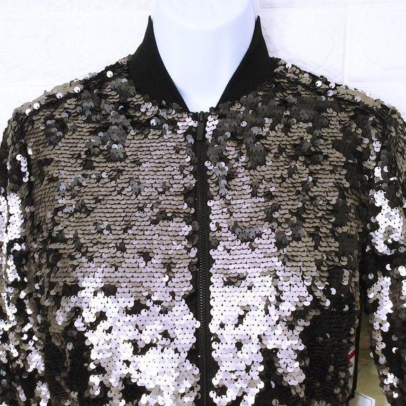 NWT 1-State Glam Rock Metallic Flip Sequin Bomber Jacket -XS Ringer Bronze Black - Picture 2 of 11